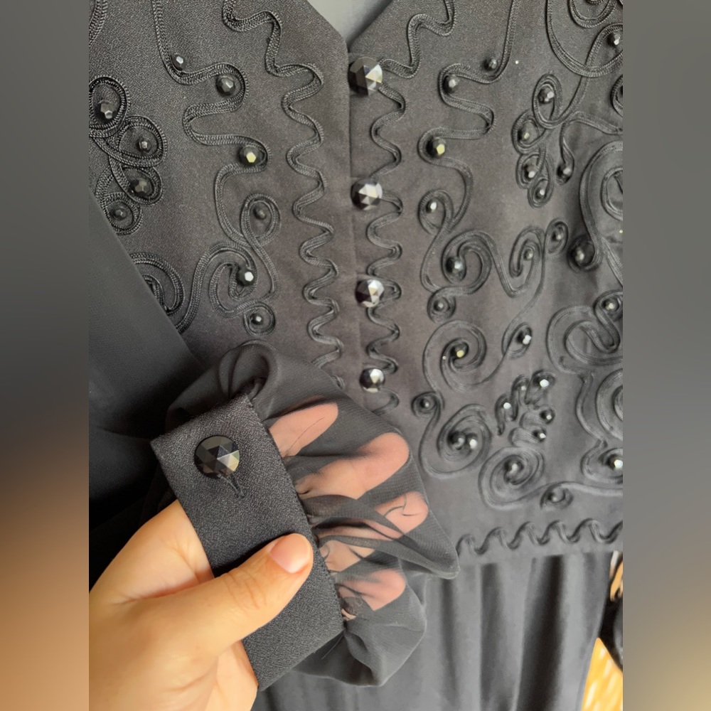 JEFFREY & DARA black jumpsuit, attached jacket layer, black beading/thread